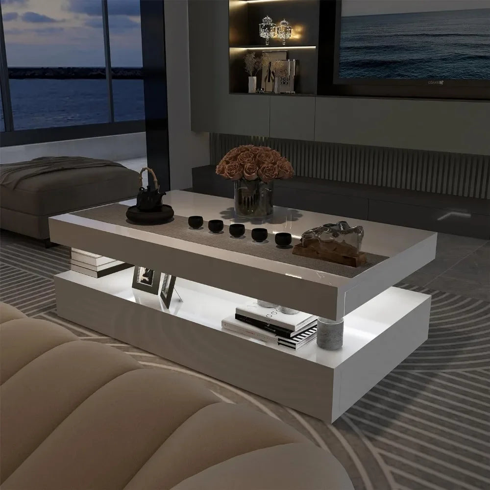 High Gloss Modern Coffee Rectangular Wooden Coffee Table With RGB LED Light With Remote Control