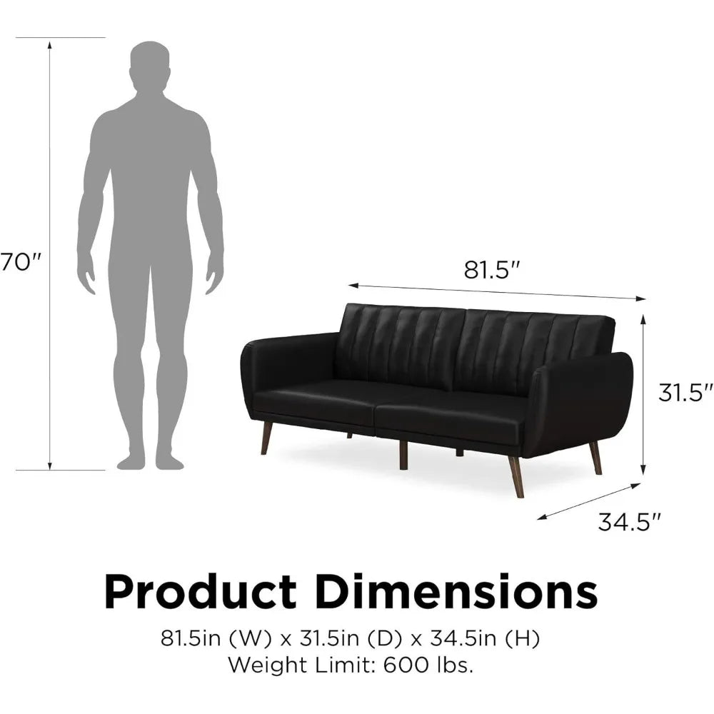 Convertible Black Leather Ribbed Tufted Upholstered Backrest Sofa