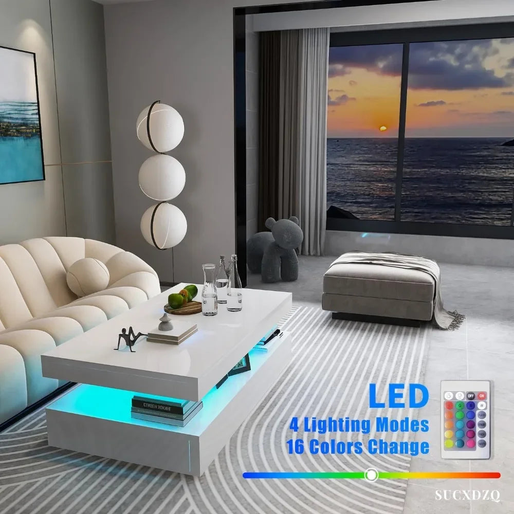 High Gloss Modern Coffee Rectangular Wooden Coffee Table With RGB LED Light With Remote Control