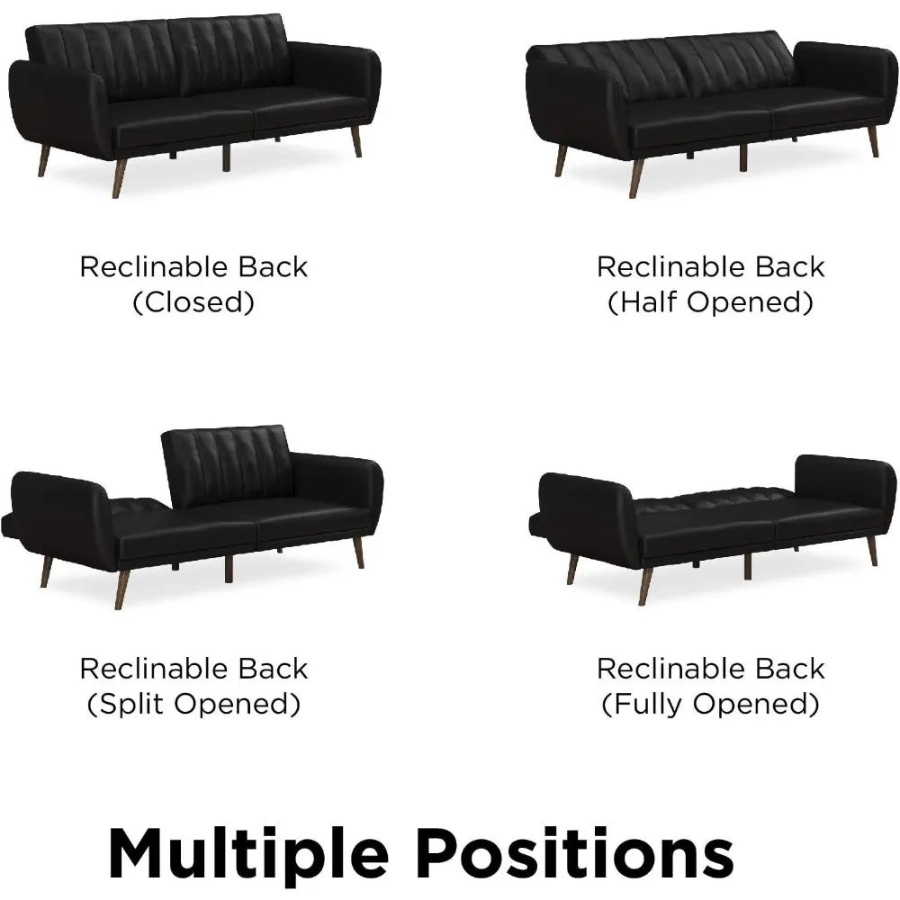 Convertible Black Leather Ribbed Tufted Upholstered Backrest Sofa