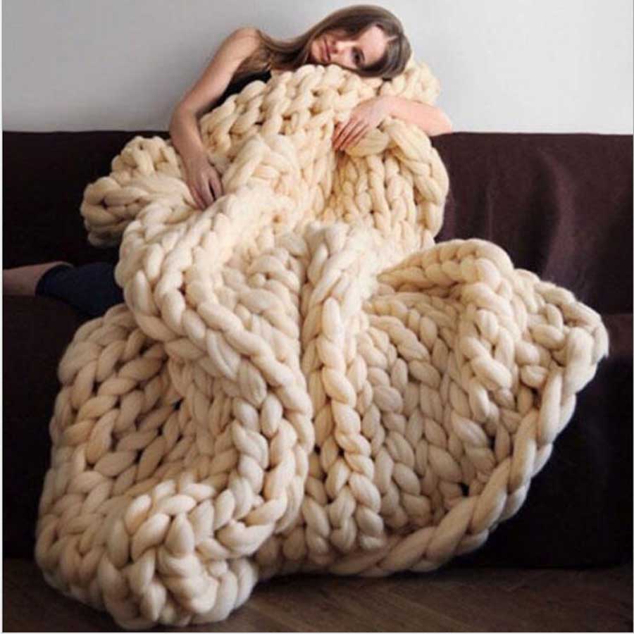 Wool Yarn Knitted Throw Blanket